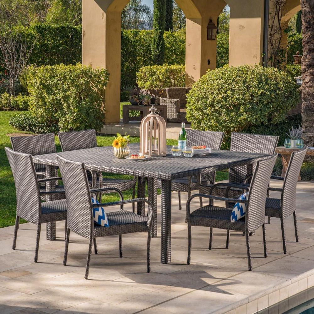 image:imageChristopher Knight Home Fiona Outdoor Stacking Wicker Square Dining Set 9Pcs Set Grey