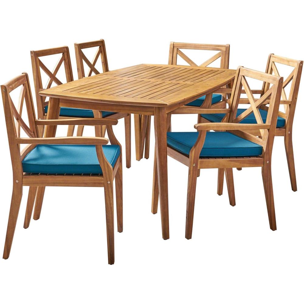 image:imageChristopher Knight Home Harvey Outdoor 7 Piece Acacia Wood Dining Set Teak FinishBlue