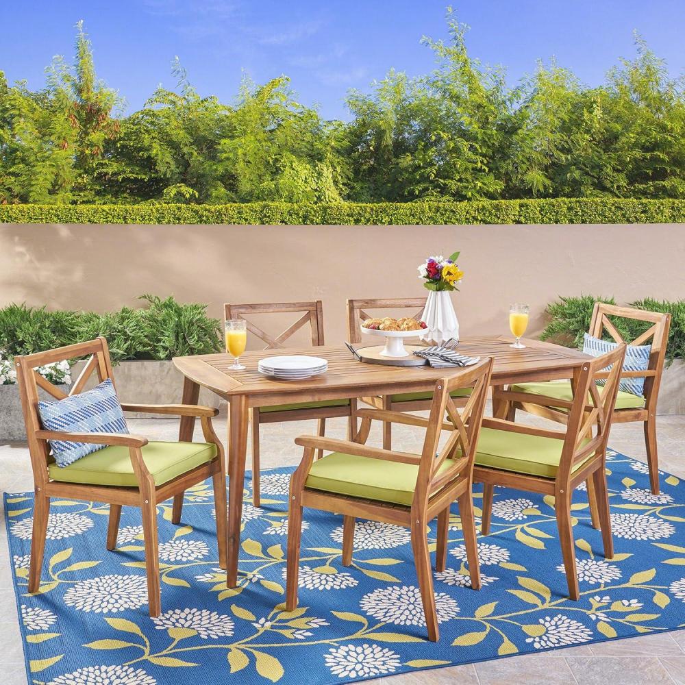 image:imageChristopher Knight Home Harvey Outdoor 7 Piece Acacia Wood Dining Set Teak FinishGreen