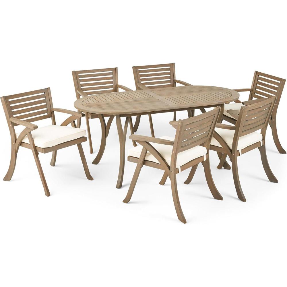 image:imageChristopher Knight Home Hermosa Outdoor 6 Seater Acacia Wood Oval Dining Set with Cushions Gray and Cream