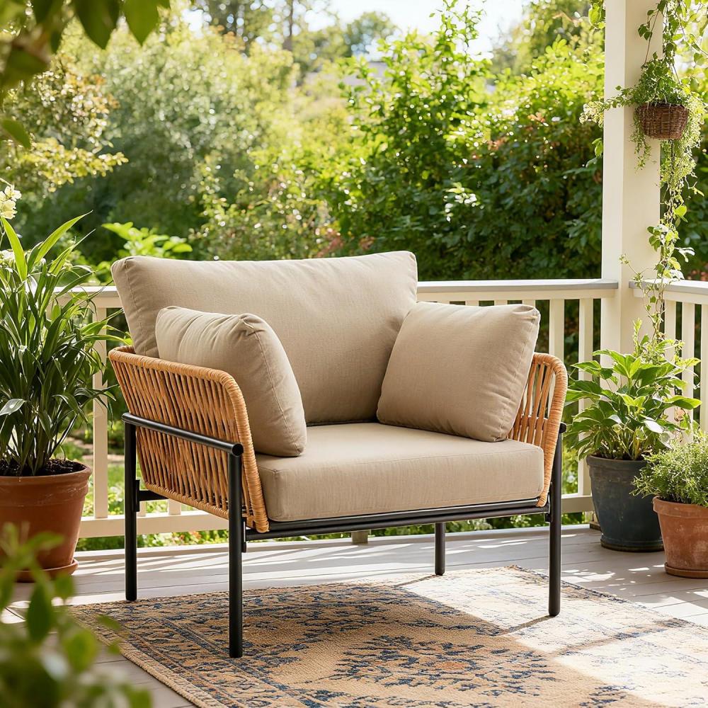 image:imageChristopher Knight Home Jaylon Modern Iron Lounge Chair Outdoor Patio Accent Chair with Rope Weave Design Patio Furniture Set Single Sofa Chair with Cushions Comfy Reading Chair BeigeGreyNaturalbeige