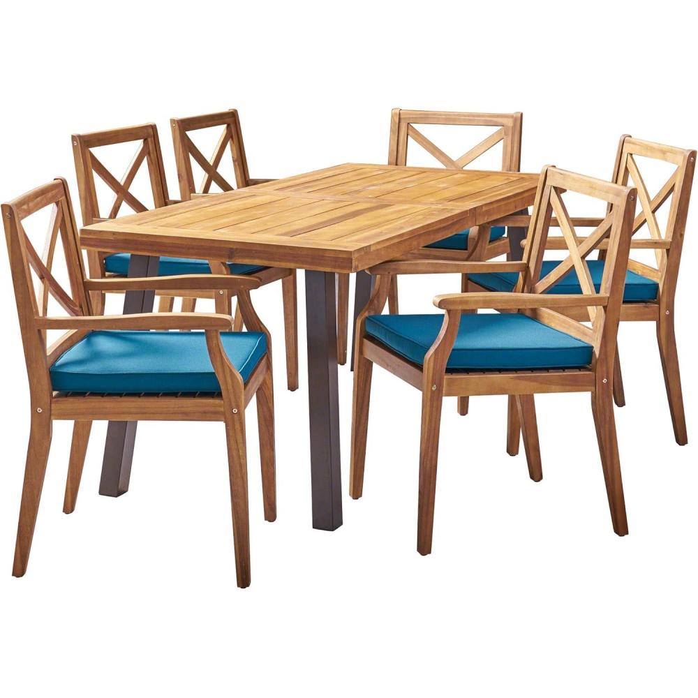 image:imageChristopher Knight Home Justin Outdoor 7 Piece Acacia Wood Dining Set Teak FinishRustic MetalBlue