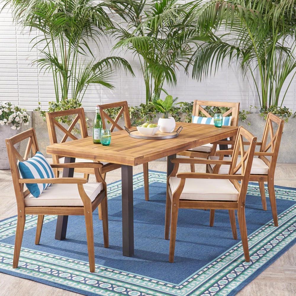 image:imageChristopher Knight Home Justin Outdoor 7 Piece Acacia Wood Dining Set Teak FinishRustic MetalCrme