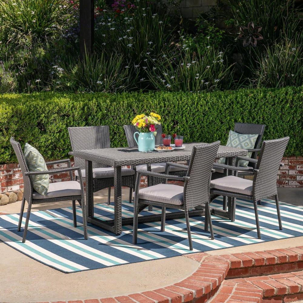 image:imageChristopher Knight Home Lena Outdoor 7 Piece Wicker Dining Set Grey Cushions