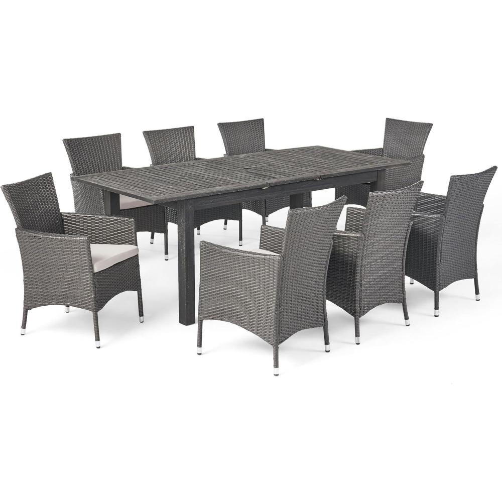 image:imageChristopher Knight Home Nadia Outdoor 9 Piece Wood and Wicker Expandable Dining Set 2325 W x 24 D x 33 H Gray  Light Gray  Sandblasted Dark Gray