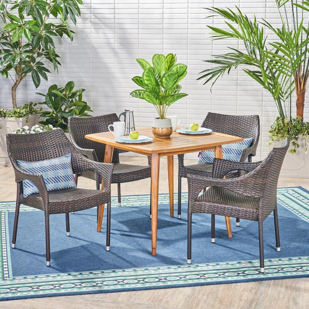 image:imageChristopher Knight Home Nash Outdoor 5 Piece Wood and Wicker Dining Set Teak FinishMulti Brown