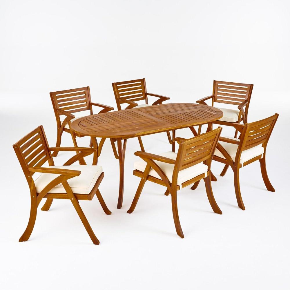 image:imageChristopher Knight Home Outdoor 6 Seater Acacia Wood Oval Dining Set with Cushions Teak and Cream