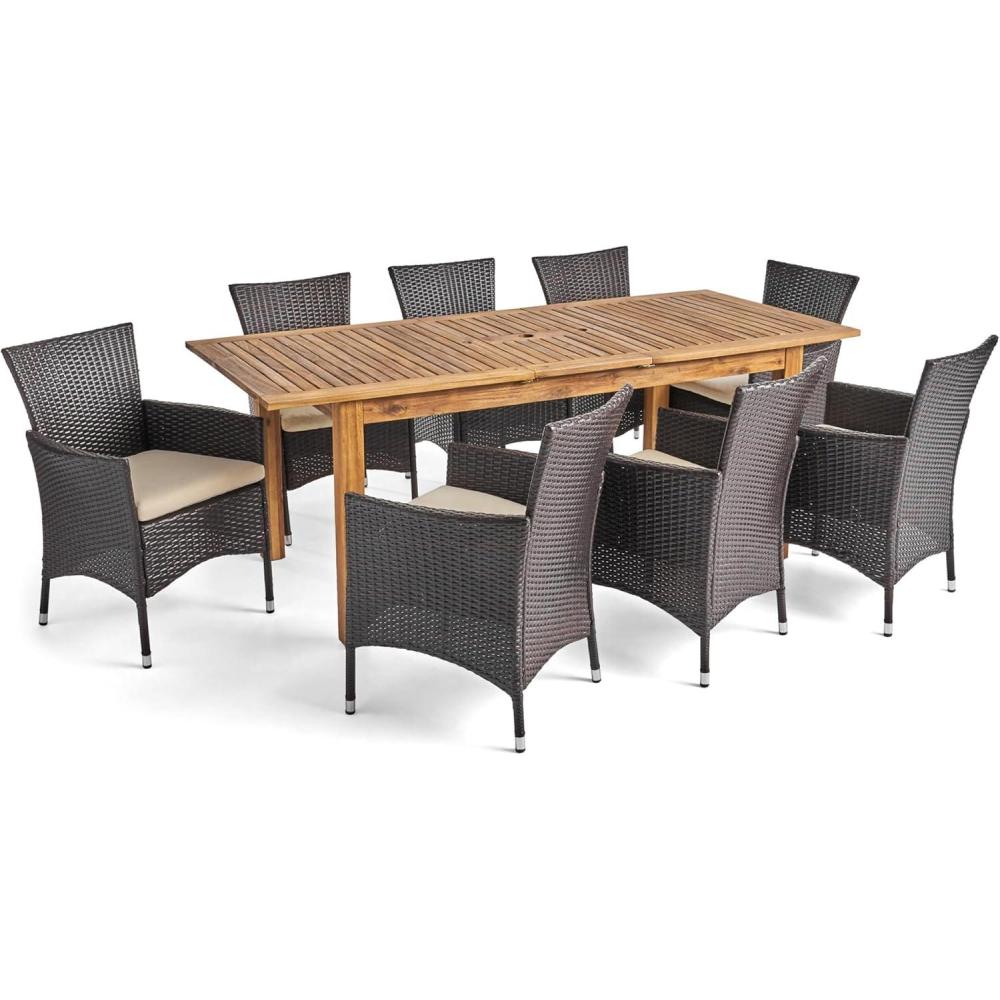 image:imageChristopher Knight Home Outdoor 9 Piece Wood and Wicker Dining Set with Expandable Table Natural and Multi Brown and Beige