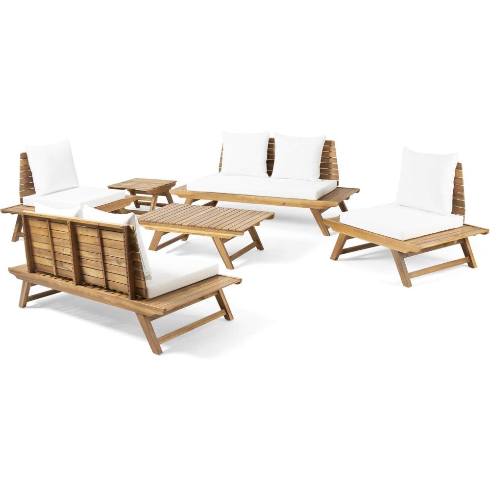 image:imageChristopher Knight Home Outdoor Acacia Wood 6 Seater Chat Set with Side Table and Coffee Table Teak and White