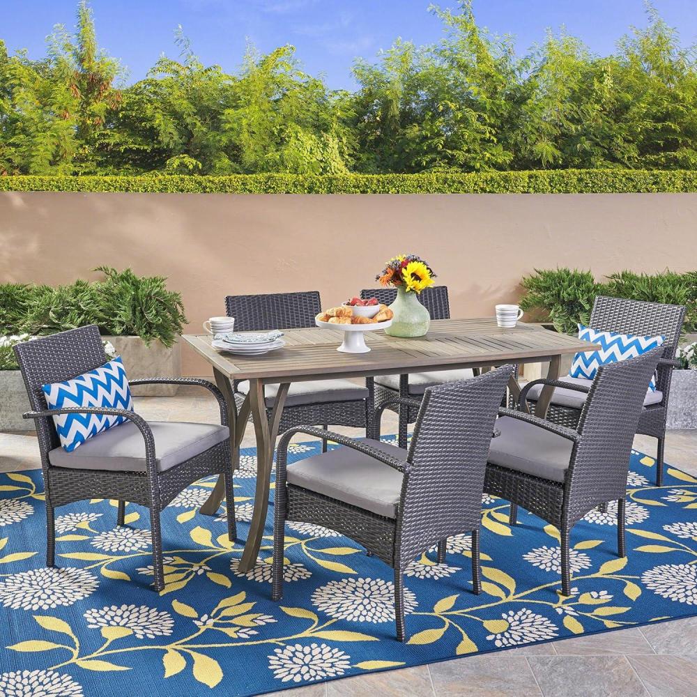 image:imageChristopher Knight Home Rene Outdoor 7 Piece Wood and Wicker Dining Set Gray FinishGray