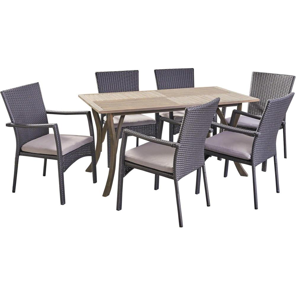 image:imageChristopher Knight Home Ronnie Outdoor 7 Piece Wood and Wicker Dining Set Gray FinishGray