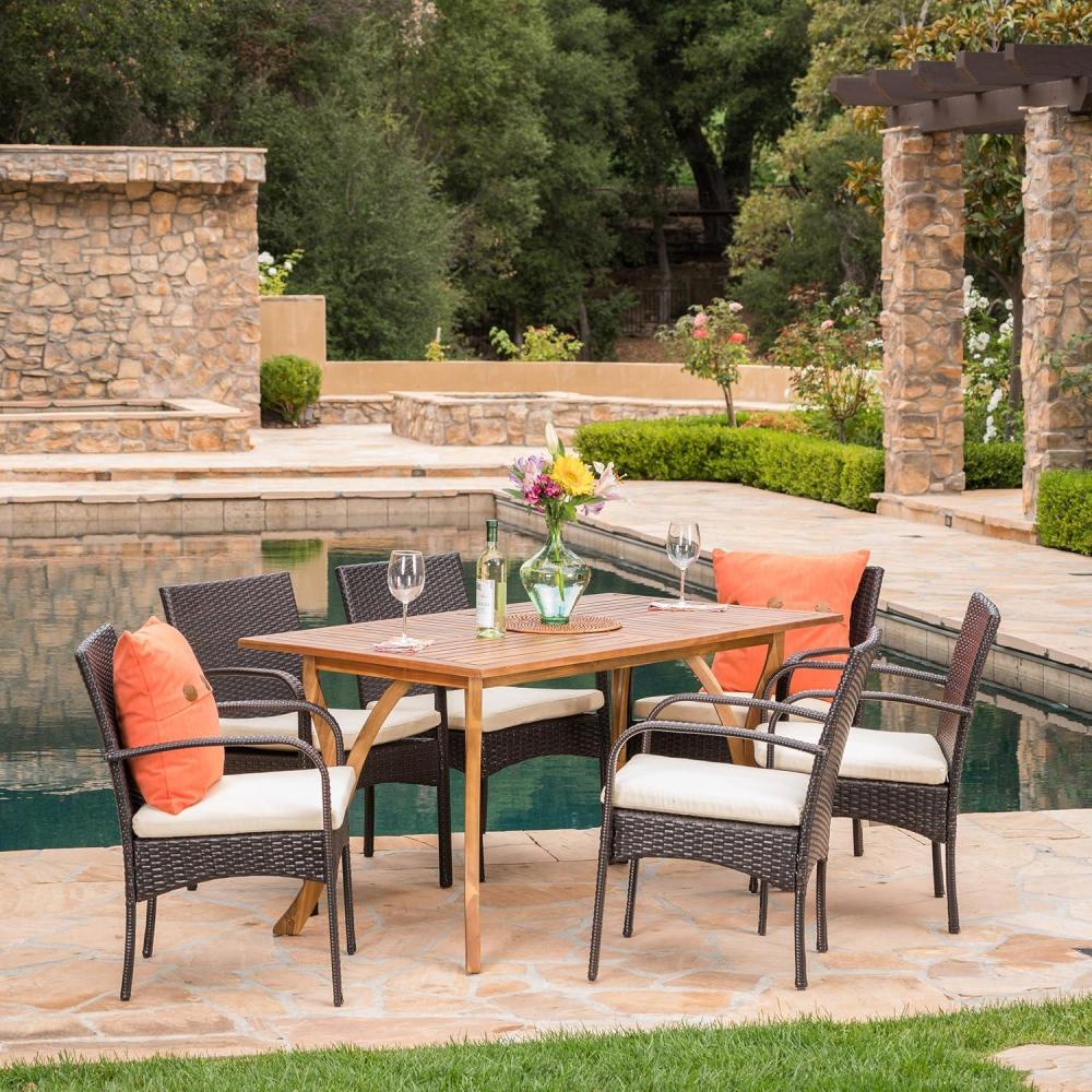 image:imageChristopher Knight Home San Andres Wicker and Wood Dining Set 7Pcs Set Multibrown Crme Teak Finish