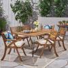 Christopher Knight Home Blaine Patio Dining Set, 72″ 6-Seater, Acacia Wood Table Top and Chairs, Iron Table Legs, Teak, Rustic Metal, Cream