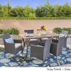 Christopher Knight Home Carlos Outdoor 7 Piece Wood and Wicker Dining Set, Gray Finish/Gray