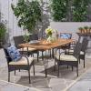 Christopher Knight Home Clayton Patio Dining Set, 72″ 6-Seater, Acacia Wood, Iron Table Legs, Cushioned Wicker Chairs, Teak, Rustic Metal, Multi-Brown, Cream
