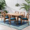 Christopher Knight Home Harvey Outdoor 7 Piece Acacia Wood Dining Set, Teak Finish/Blue