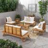 Christopher Knight Home Outdoor Acacia Wood 6 Seater Chat Set with Side Table and Coffee Table, Teak and White