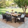 Christopher Knight Home Outdoor Wood 7 Piece Dining Set with Wicker Dining Chairs and Water Resistant Cushions