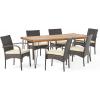 Christopher Knight Home Clayton Patio Dining Set, 72″ 6-Seater, Acacia Wood, Iron Table Legs, Cushioned Wicker Chairs, Teak, Rustic Metal, Multi-Brown, Cream