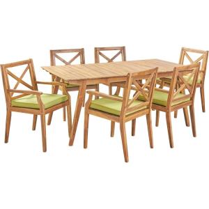 Christopher Knight Home Alva Outdoor 7-Piece Acacia Wood Dining Set, Teak Finish/Teak Finish/Green