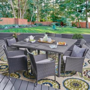 Christopher Knight Home Aristo Outdoor Wicker Square Dining Set with Water Resistant Cushions, 9-Pcs Set, Grey / Silver Cushions