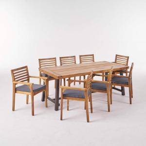 Christopher Knight Home Atlantic Outdoor Acacia Wood and Iron 9 Piece Dining Set with Cushion, 22.75 “W x 22.75 “D x 33.25 “H, Teak + Black + Dark Gray