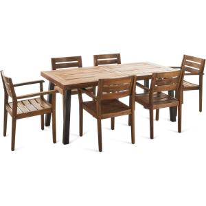 Christopher Knight Home Avon Outdoor Acacia Wood Dining Set, 7-Pcs Set, Teak Finish With Rustic Metal Accents