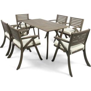 Christopher Knight Home Baia Outdoor 7 Piece Acacia Wood Dining Set, Gray Finish/Cream