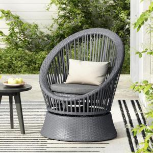 Christopher Knight Home Banes Egg-Shaped Wicker Lounge Chair Outdoor, Iron Frame Egg Chair Outdoor with Removable Cushion, Comfy Reading Chair for Garden Backyard Balcony Poolside, Grey(Dark Grey)