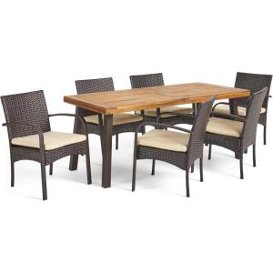 Christopher Knight Home Bavaro Wicker and Wood Dining Set, 7-Pcs Set, Multibrown / Crème / Teak Finish With Rustic Metal