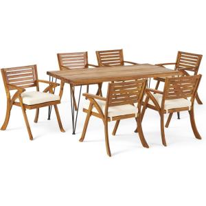 Christopher Knight Home Blaine Patio Dining Set, 72″ 6-Seater, Acacia Wood Table Top and Chairs, Iron Table Legs, Teak, Rustic Metal, Cream