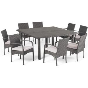 Christopher Knight Home Chadney Outdoor Wicker Square Dining Set with Water Resistant Cushions, 9-Pcs Set, Grey / Grey Cushions