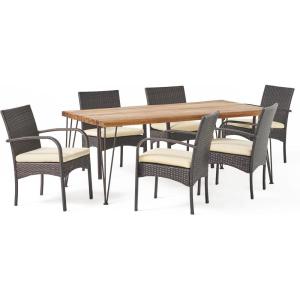 Christopher Knight Home Clayton Patio Dining Set, 72″ 6-Seater, Acacia Wood, Iron Table Legs, Cushioned Wicker Chairs, Teak, Rustic Metal, Multi-Brown, Cream