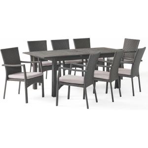 Christopher Knight Home Davenport Outdoor 9 Piece Wood and Wicker Expandable Dining Set, 22.25 “W x 25 “D x 35 “H, Sandblasted Dark Gray + Gray