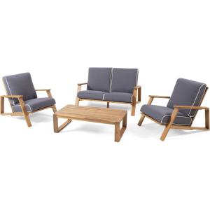 Christopher Knight Home Edwina Outdoor 4 Seater Chat Set with Cushions, Teak Finish, Dark Gray
