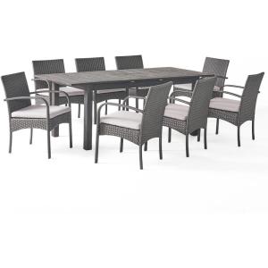 Christopher Knight Home Elmar Outdoor 9 Piece Wood and Wicker Expandable Dining Set, 22.1 “W x 23.5 “D x 32.75 “H, Sandblasted Dark Gray + Gray