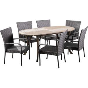 Christopher Knight Home Ford Outdoor 7 Piece Wood and Wicker Dining Set, Finish and Gray