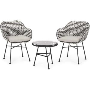 Christopher Knight Home Gloria Outdoor 3 Piece Wicker Chat Set, White, Beige, and Black