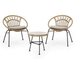 Christopher Knight Home Grace Outdoor 3 Piece Wicker Chat Set, Light Brown, Beige, and Black