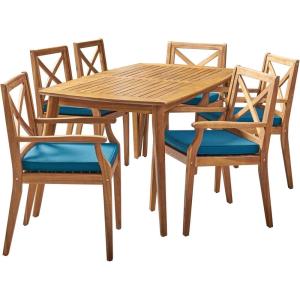 Christopher Knight Home Harvey Outdoor 7 Piece Acacia Wood Dining Set, Teak Finish/Blue