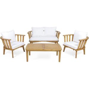 Christopher Knight Home Helena Outdoor Wooden Chat Set with Rectangular Coffee Table, White and Teak Finish