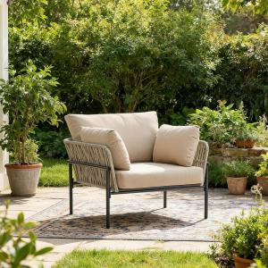 Christopher Knight Home Jaylon Modern Iron Lounge Chair Outdoor, Patio Accent Chair with Rope Weave Design, Patio Furniture Set Single Sofa Chair with Cushions, Comfy Reading Chair, Beige+Grey(Beige+grey)
