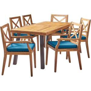 Christopher Knight Home Justin Outdoor 7 Piece Acacia Wood Dining Set, Teak Finish/Rustic Metal/Blue