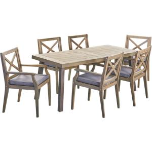 Christopher Knight Home Justin Outdoor 7 Piece Acacia Wood Dining Set, Teak, Gray Finish/Rustic Metal/Dark Gray