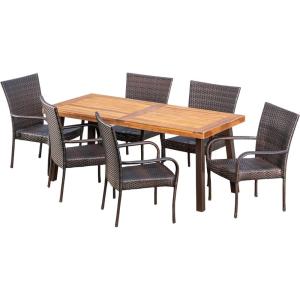 Christopher Knight Home Leopold Outdoor 7-Piece Acacia Wood/Wicker Dining Set | with Teak Finish | in Multibrown, Rustic Metal