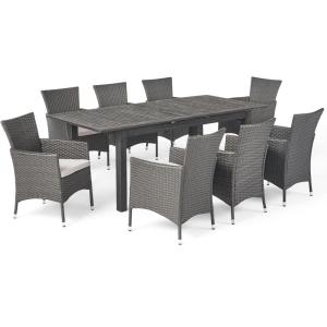 Christopher Knight Home Nadia Outdoor 9 Piece Wood and Wicker Expandable Dining Set, 23.25 “W x 24 “D x 33 “H, Gray + Light Gray + Sandblasted Dark Gray