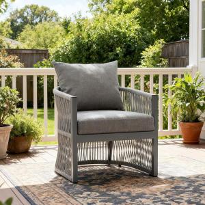 Christopher Knight Home Nadine Outdoor Rope Club Chair, Aluminum Woven Rope Accent Chair, Curved Back Armchair, Open-Weave Texture Lounge Chair with Cushion for Gardern Yard Balcony Poolside, Gary(Grey)