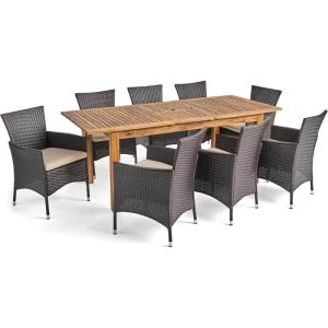Christopher Knight Home Outdoor 9 Piece Wood and Wicker Dining Set with Expandable Table, Natural and Multi Brown and Beige