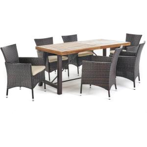 Christopher Knight Home Outdoor Wood 7 Piece Dining Set with Wicker Dining Chairs and Water Resistant Cushions