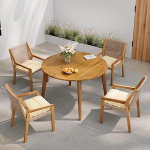 Christopher Knight Home Pelham Wooden Patio Dining Set for 4, Acacia Wood Outdoor Dining Table Set for 4, 5 Piece Outdoor Dining Set with Round Table and Armchair with Seat Cushion, Teak+Beige(Teak+beige)